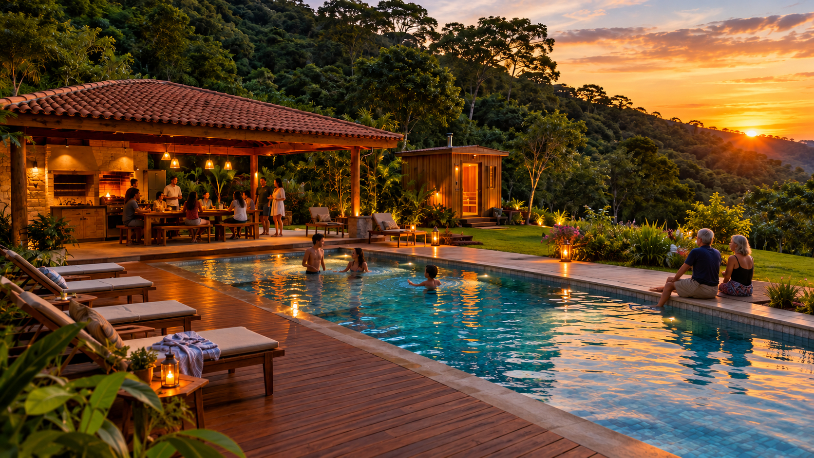 Piscina cercada de deck de madeira e mata ao fundo