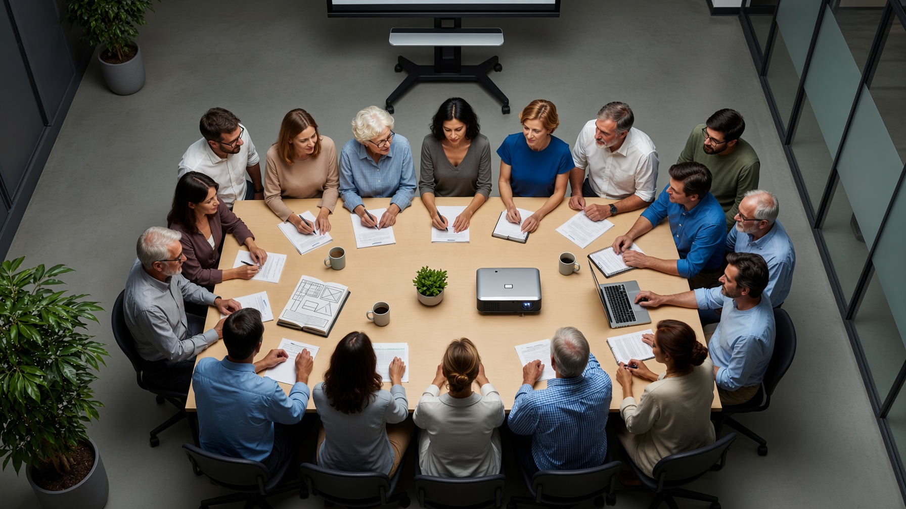 Grupo de pessoas reunido em volta de uma mesa planejando um negócio