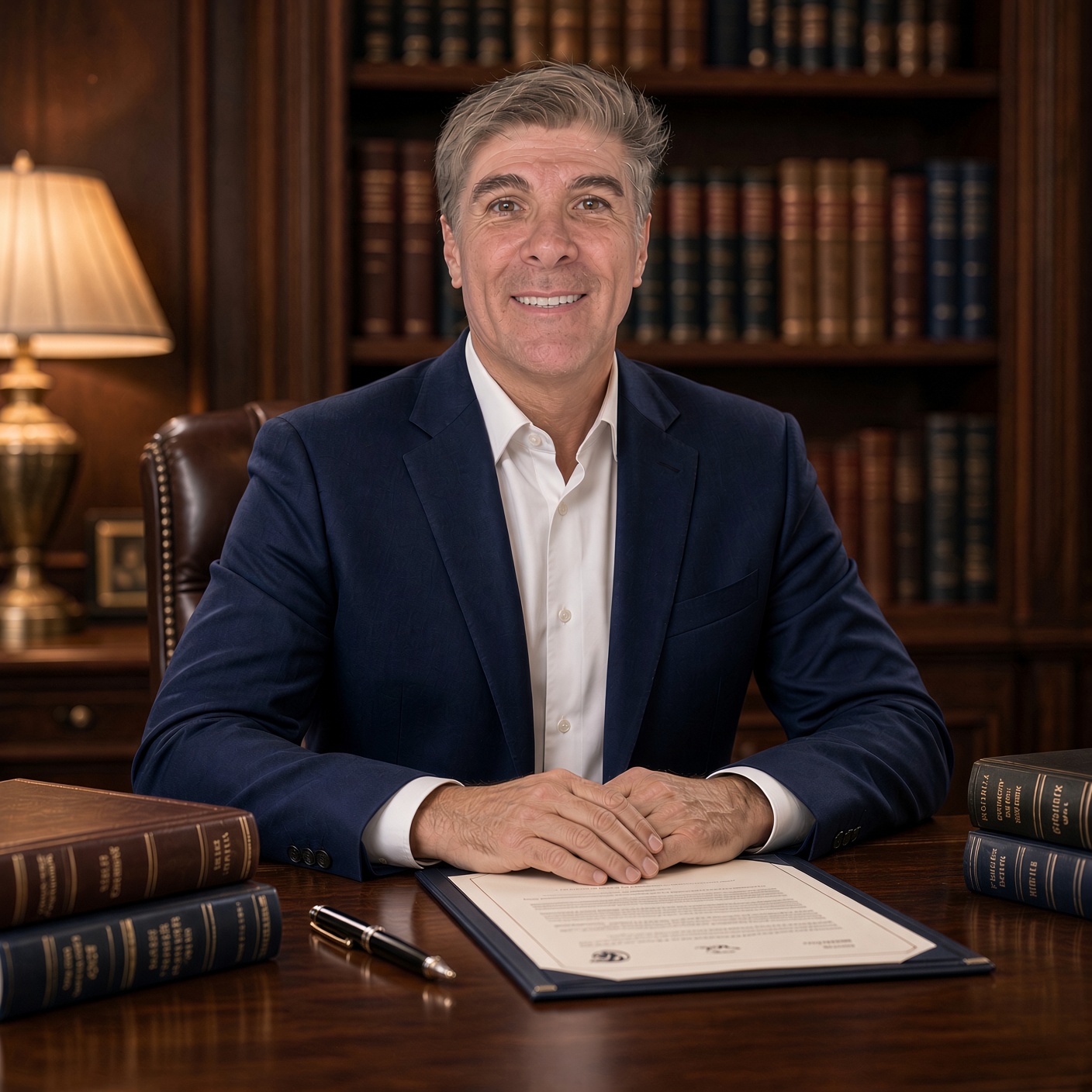 Mesa de escritório de advocacia com livros e documentos